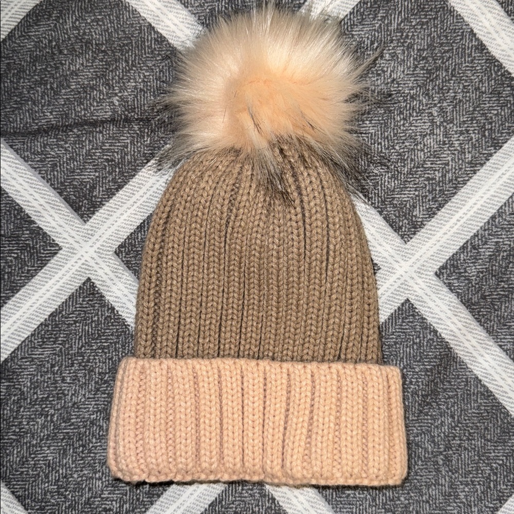 Garage Knit Beanie with Pom Pom Pink and Cream Coloured